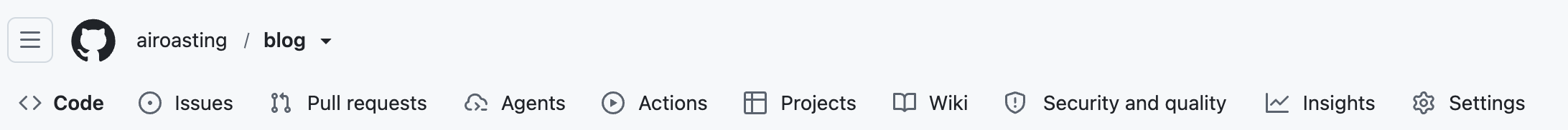 airoasting의 blog 저장소 화면. Code, Issues, Pull requests, Agents, Actions, Projects, Wiki, Security and quality, Insights, Settings 메뉴가 순서대로 있습니다.